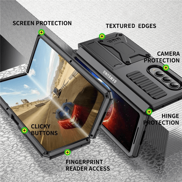 Heres Silicone Galaxy Z Fold 4 Case with Shockproof Metal Bumper and Kickstand - Astra Cases